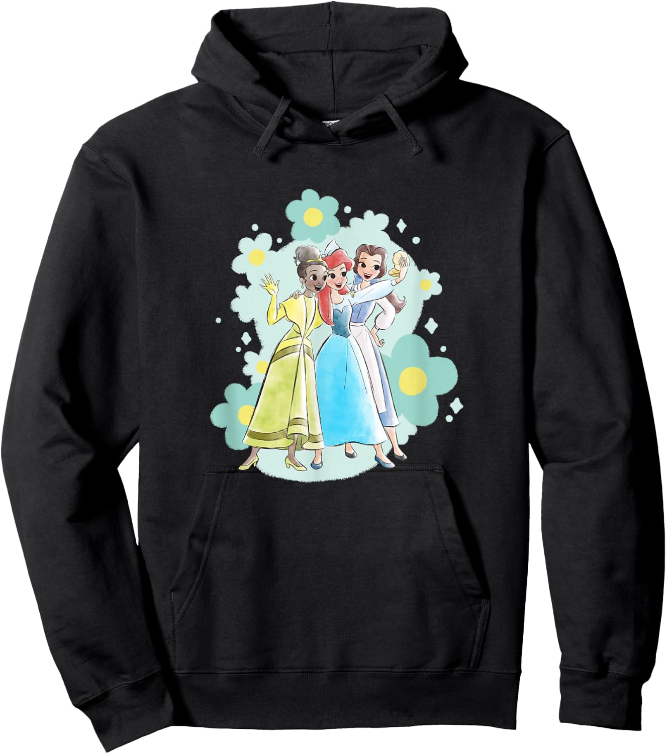 Disney Princess Belle Ariel Tiana Princess Selfie Florals Hoodie - Hoodie | Black