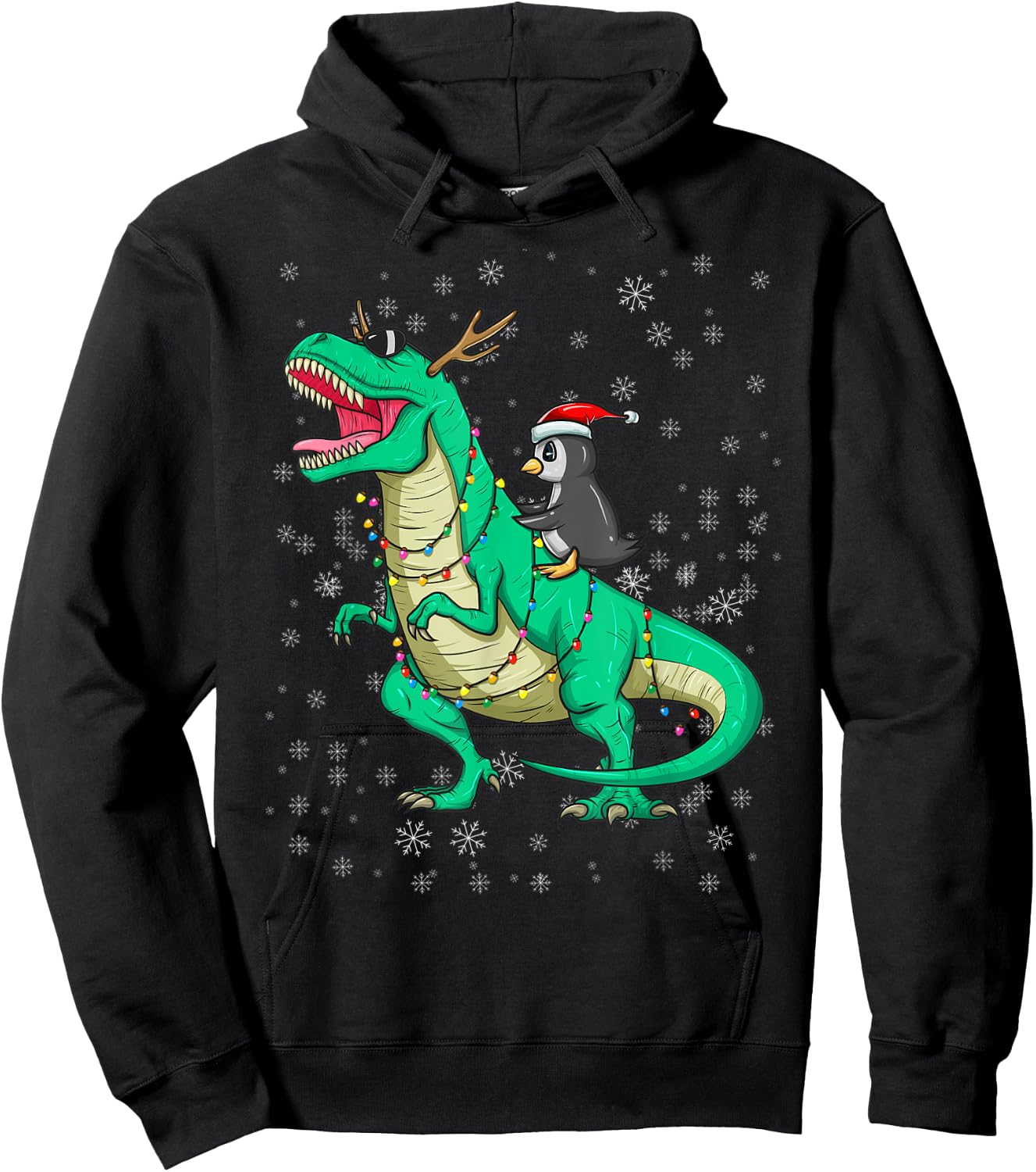 Christmas Penguin Riding Dinosaur T Rex Holiday Costume Fun Hoodie - Hoodie | Black