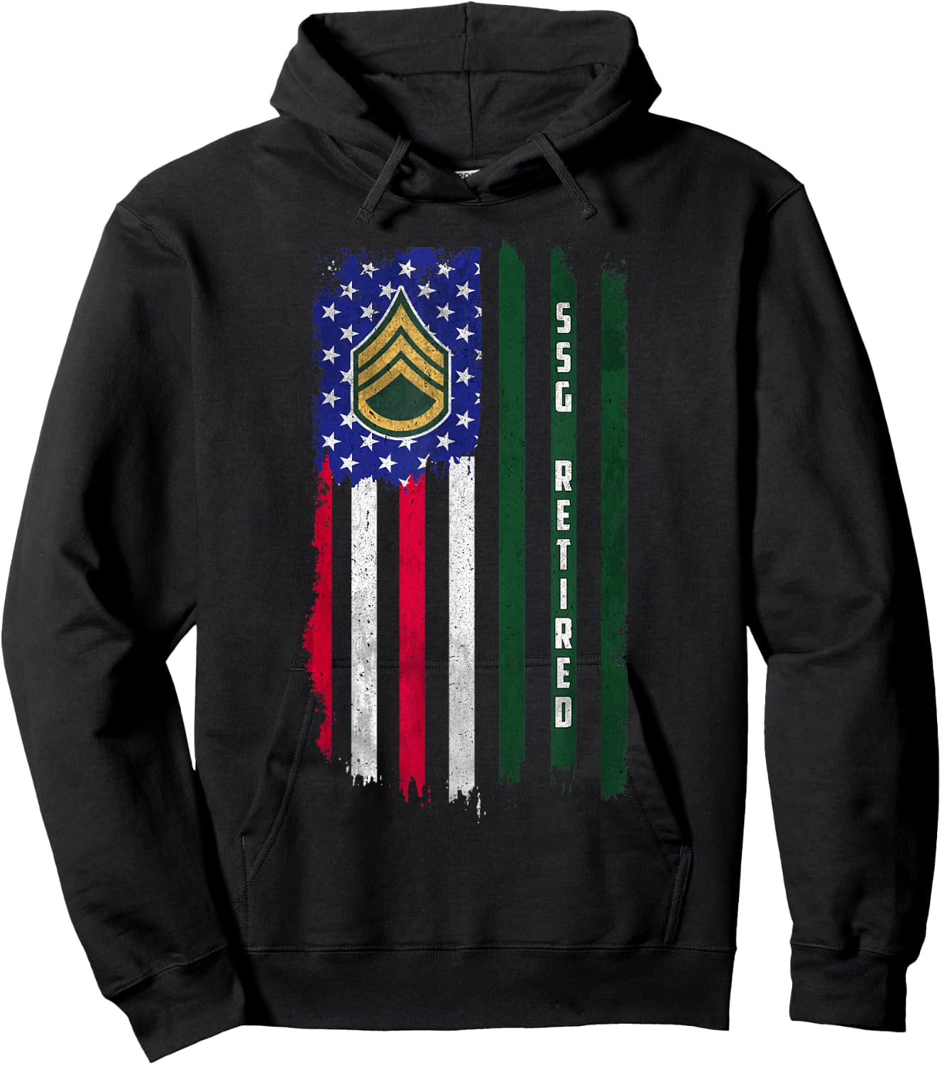 Retired E-6 Staff Sergeant SSG Rank American Flag Veteran Hoodie - Hoodie | Black