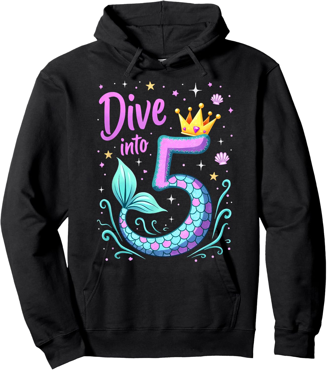 Dive Into 5 Mermaid 5th Birthday Girl Princess Hoodie - Hoodie | Black