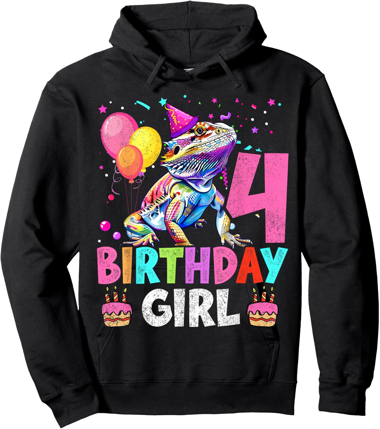 4th Birthday Girl Bearded Dragon 4 Years Old Bday Party Hoodie - Hoodie | Black
