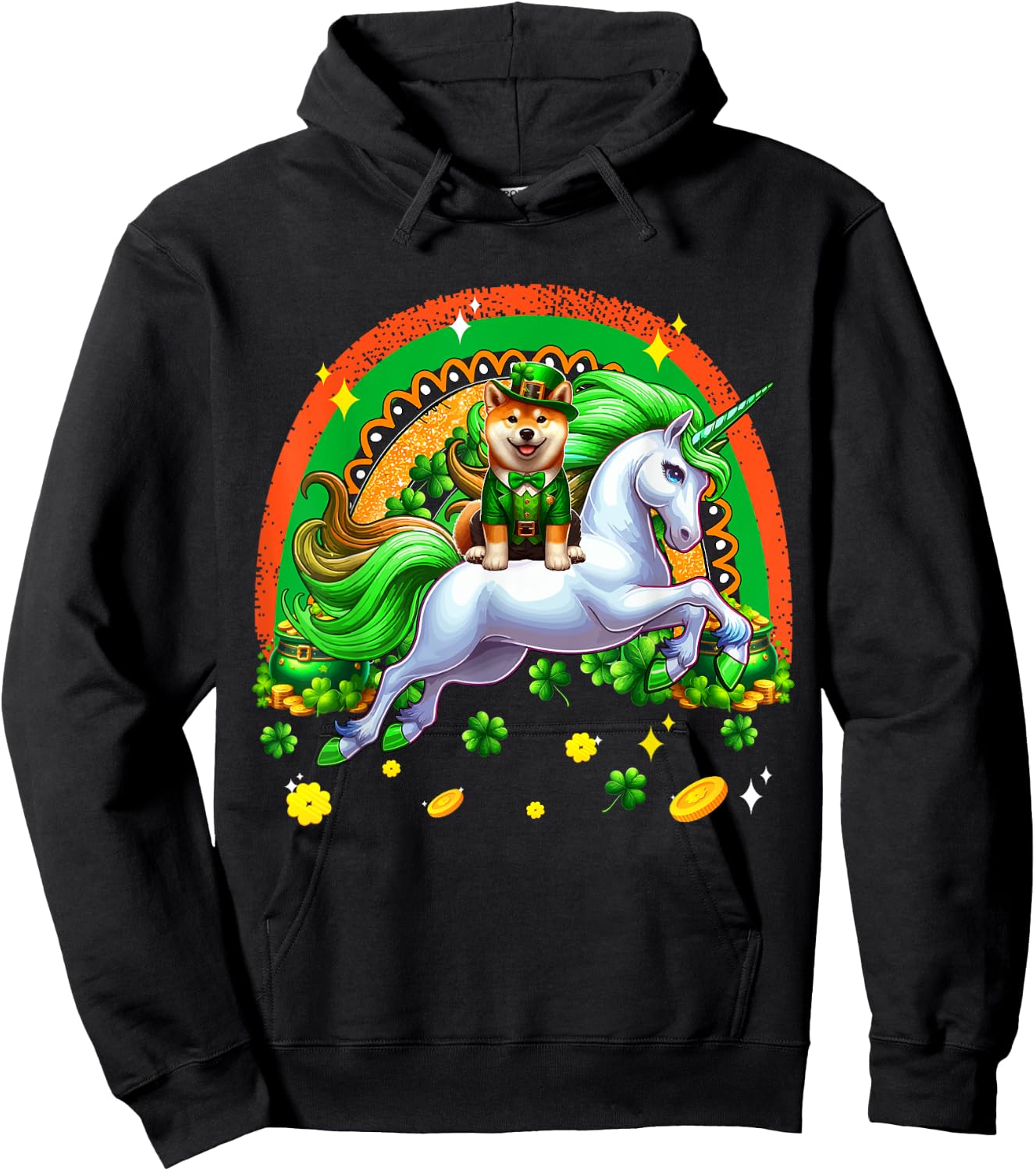 Patrick's Day Shiba Inu Riding Unicorn Shamrocks Rainbow Hoodie - Hoodie | Black
