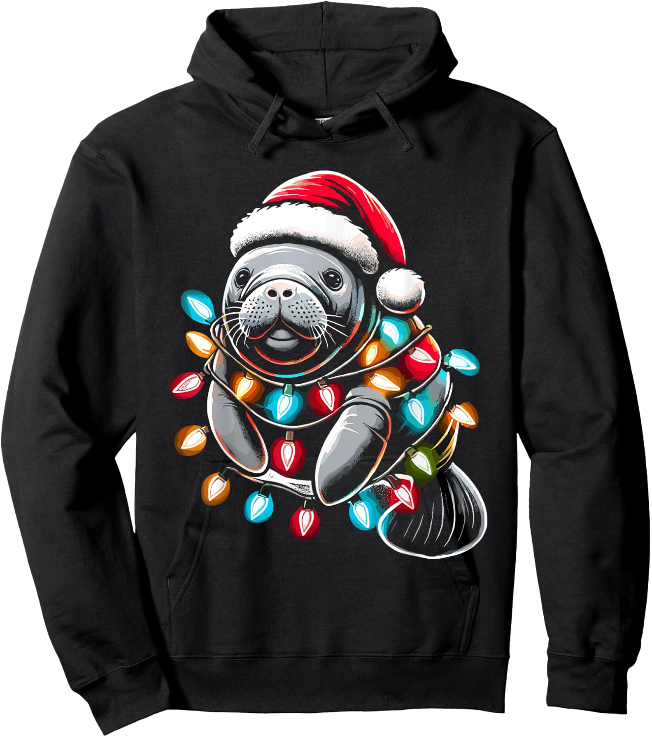 Manatee Santa Hat Christmas Lights Pajama Funny Xmas Hoodie - Hoodie | Black