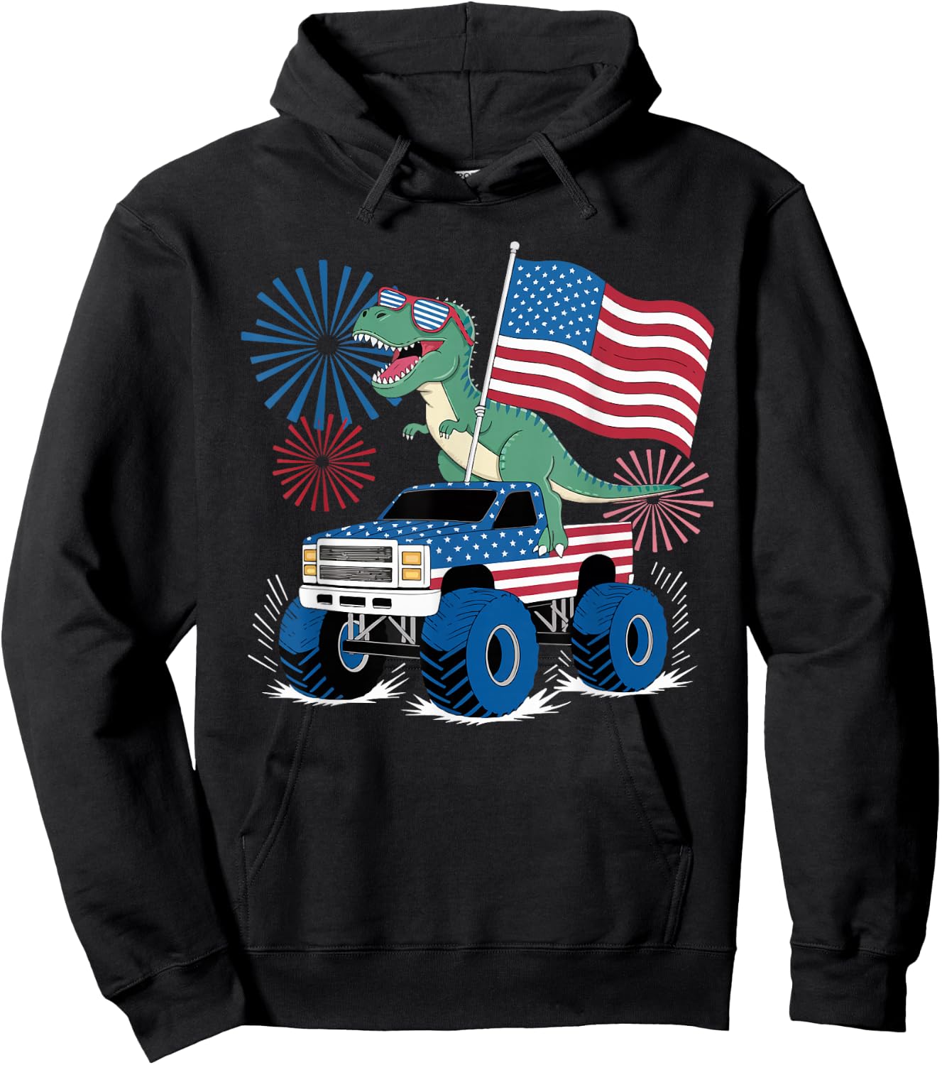 Dinosaur 4th Of July T Rex Dinosaur Truck Dino Hoodie - Hoodie | Black