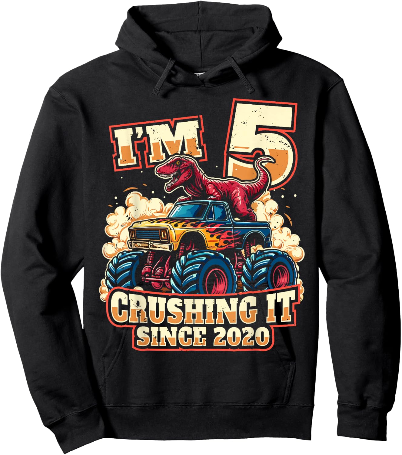 5 Year Old Boys 5th Birthday Dinosaur Monster Truck Party Hoodie - Hoodie | Black