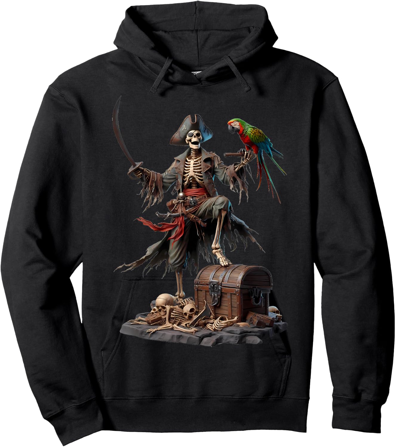 Skeleton Pirate Treasure Chest Parrot Ghostly Skull Hoodie - Hoodie | Black