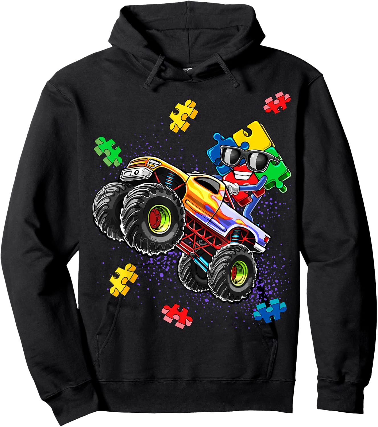 Monster Truck Autism Awareness Puzzle Piece Gift Boys Hoodie - Hoodie | Black