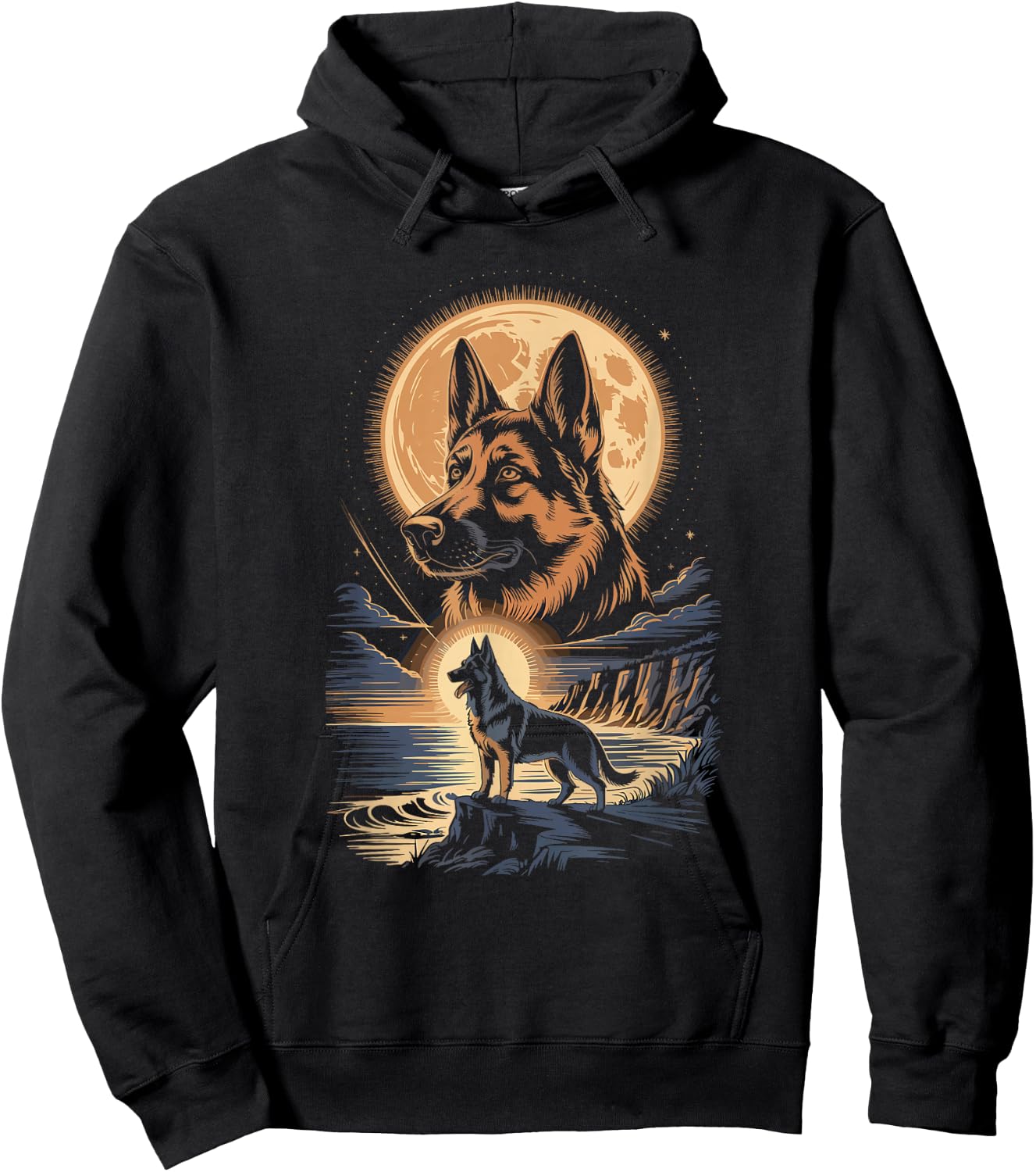 Moonlit Coast German Shepherd Night Hoodie - Hoodie | Black