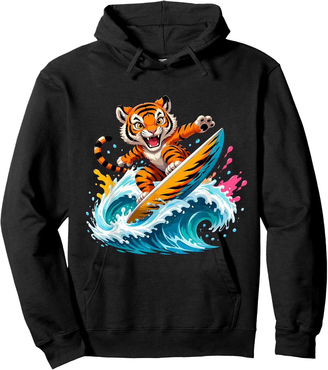 Cartoon Tiger Surfer Riding Big Ocean Wave Hoodie - Hoodie | Black