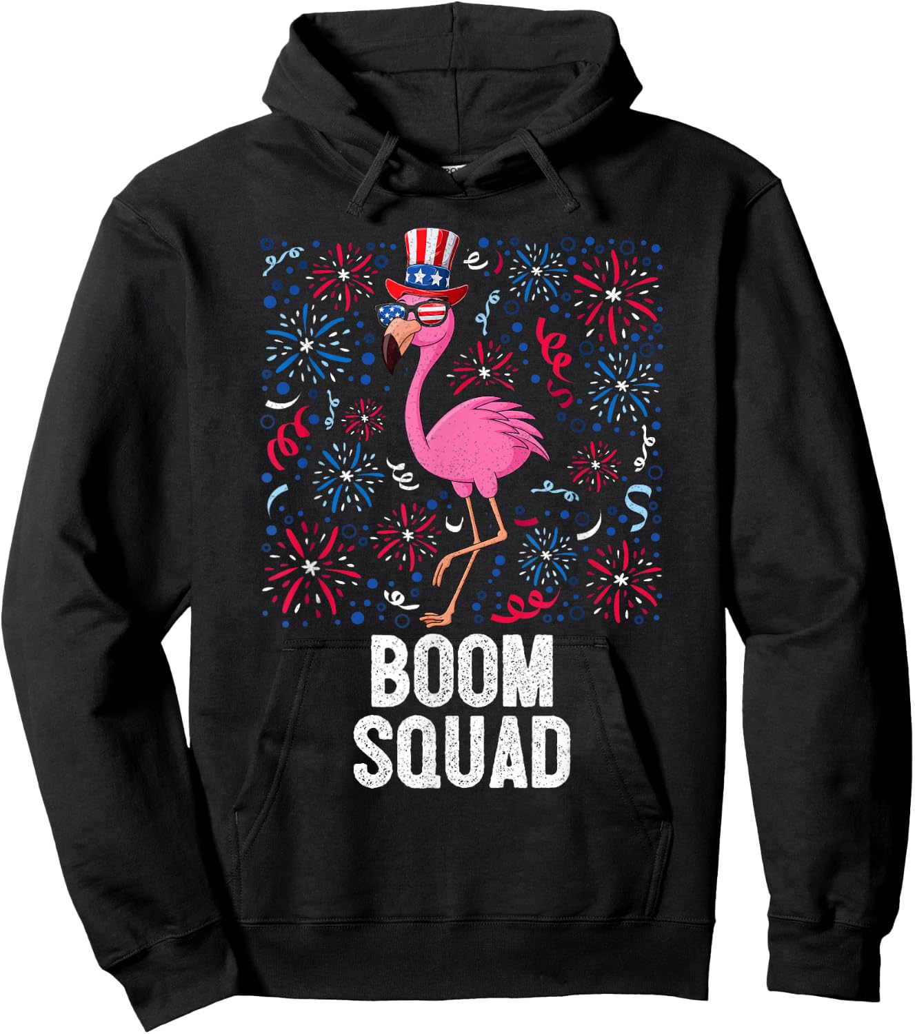 4th Of July Boom Squad Flamingo US Flag Patriotic Fireworks Hoodie - Hoodie | Black
