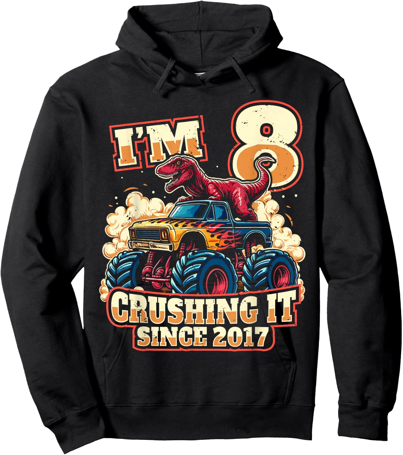 8 Year Old Boys 8th Birthday Dinosaur Monster Truck Party Hoodie - Hoodie | Black