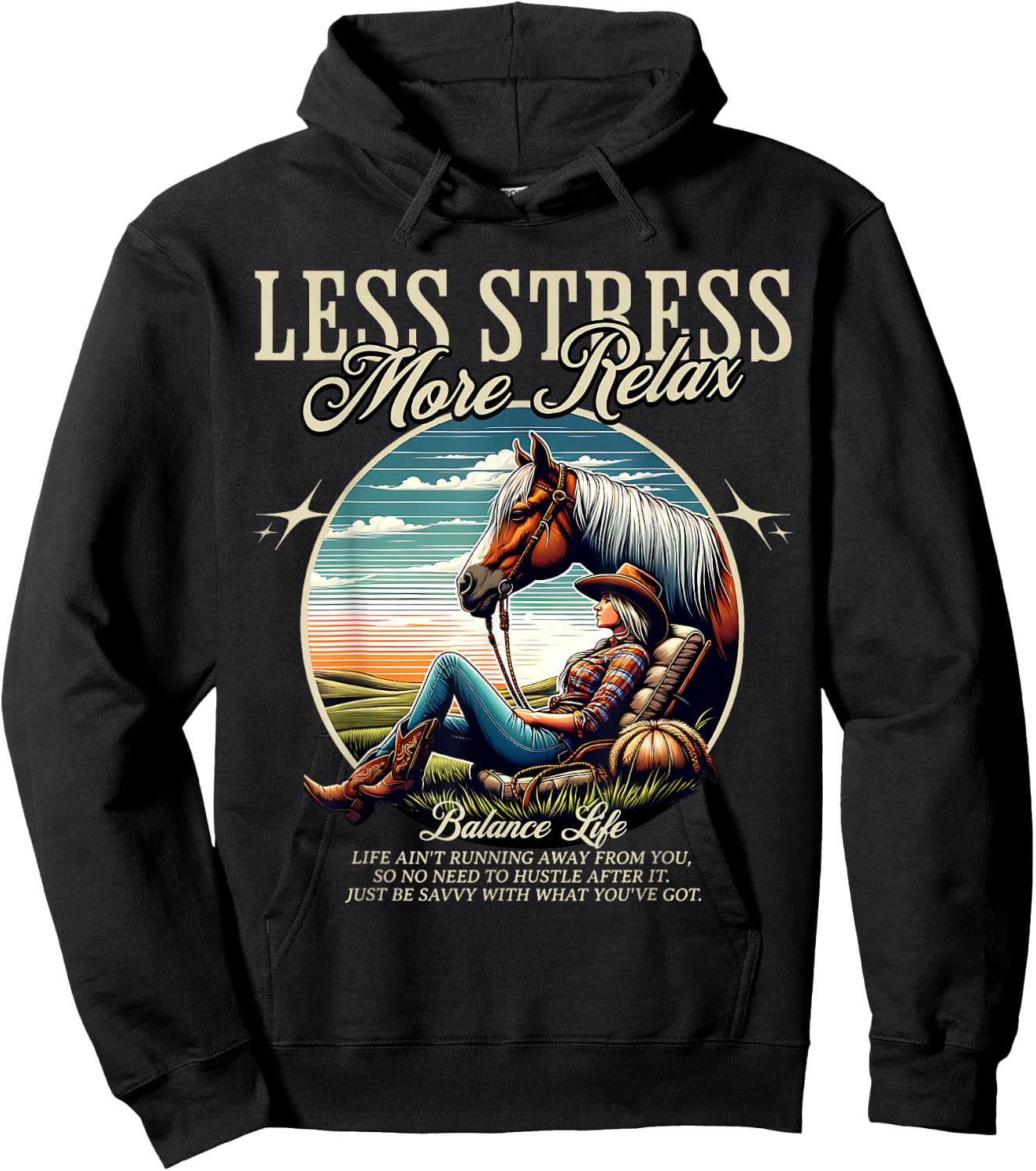 Less Stress More Relax Cowgirl Hoodie - Hoodie | Black