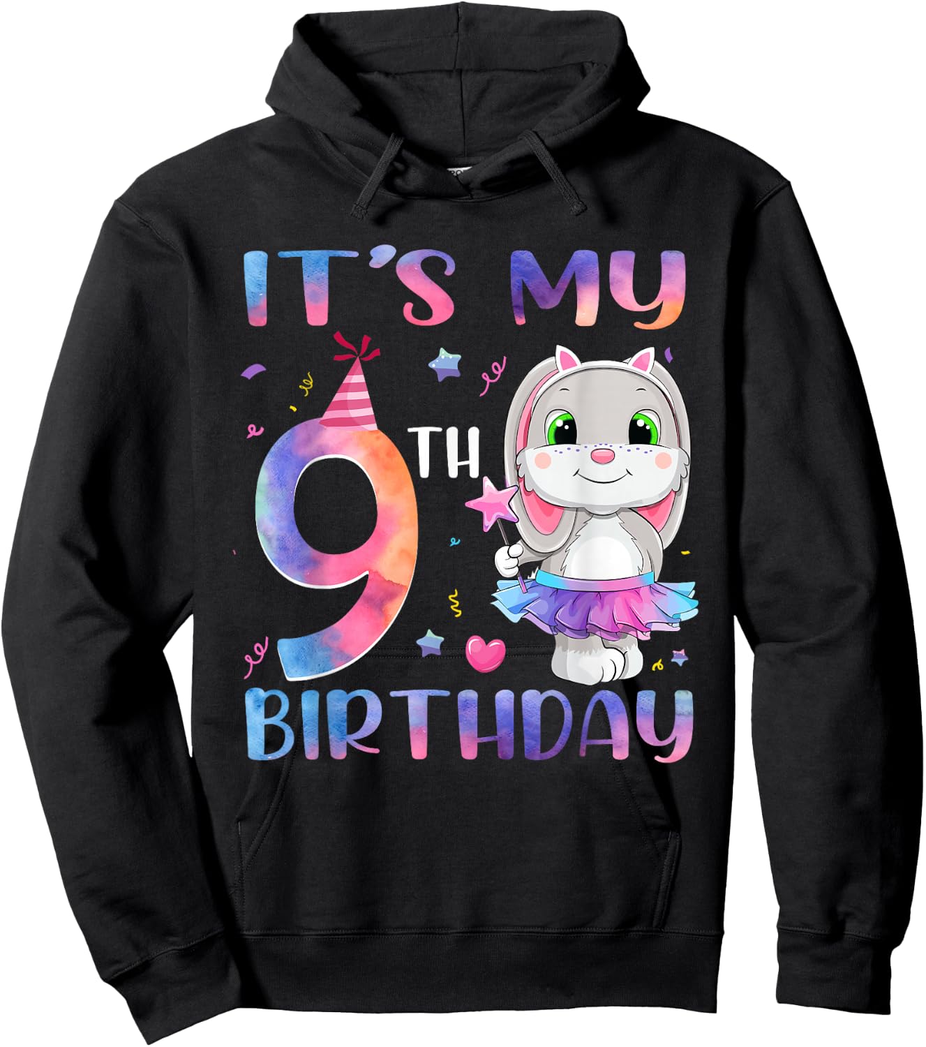 It's My 9th Birthday Bunny Rabbit 9 Years Old Boy Girl Hoodie - Hoodie | Black