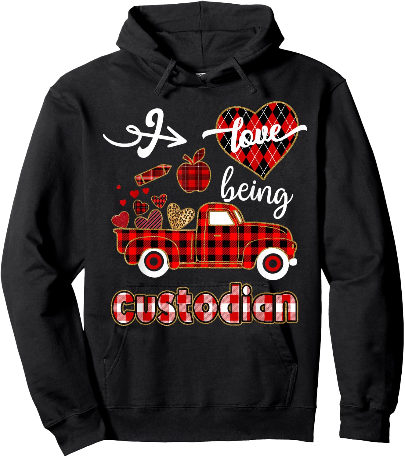 I Love Being Custodian Plaid Truck Hearts Valentine's Day Hoodie - Hoodie | Black