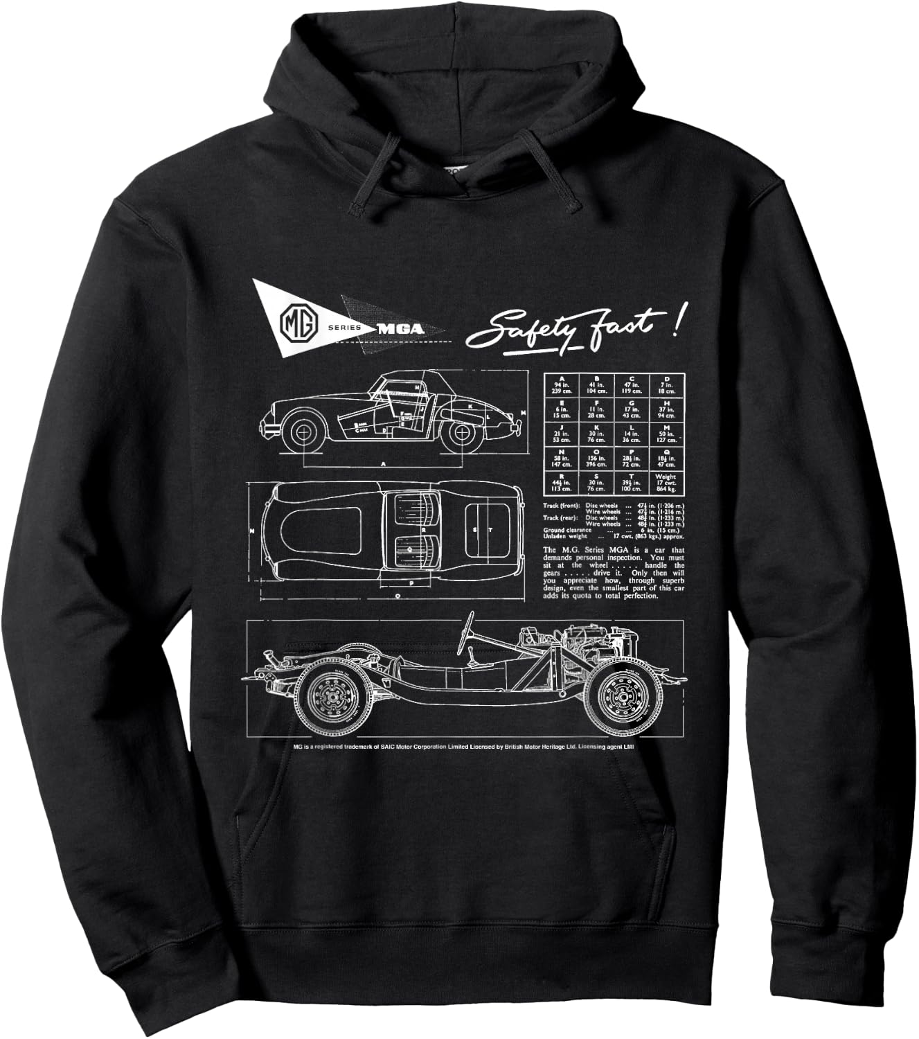 BMH MG MGA Retro Sports Car Technical Drawing Hoodie - Hoodie | Black