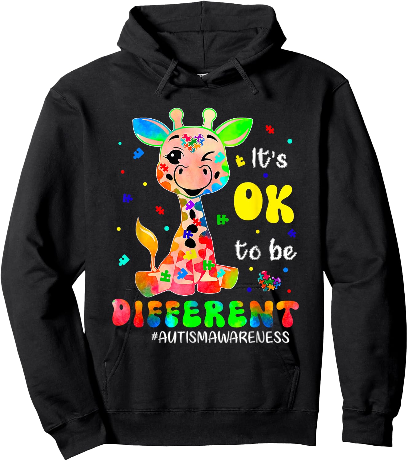 Autism Awareness Cute Giraffe Animal Its Ok To Be Different Hoodie - Hoodie | Black