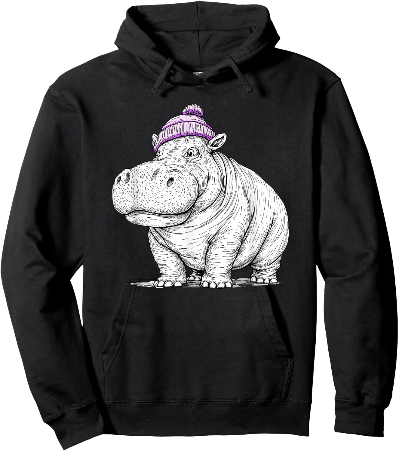 Hippo Wearing a Beanie Stocking Hat Cute Animal Design Hoodie - Hoodie | Black
