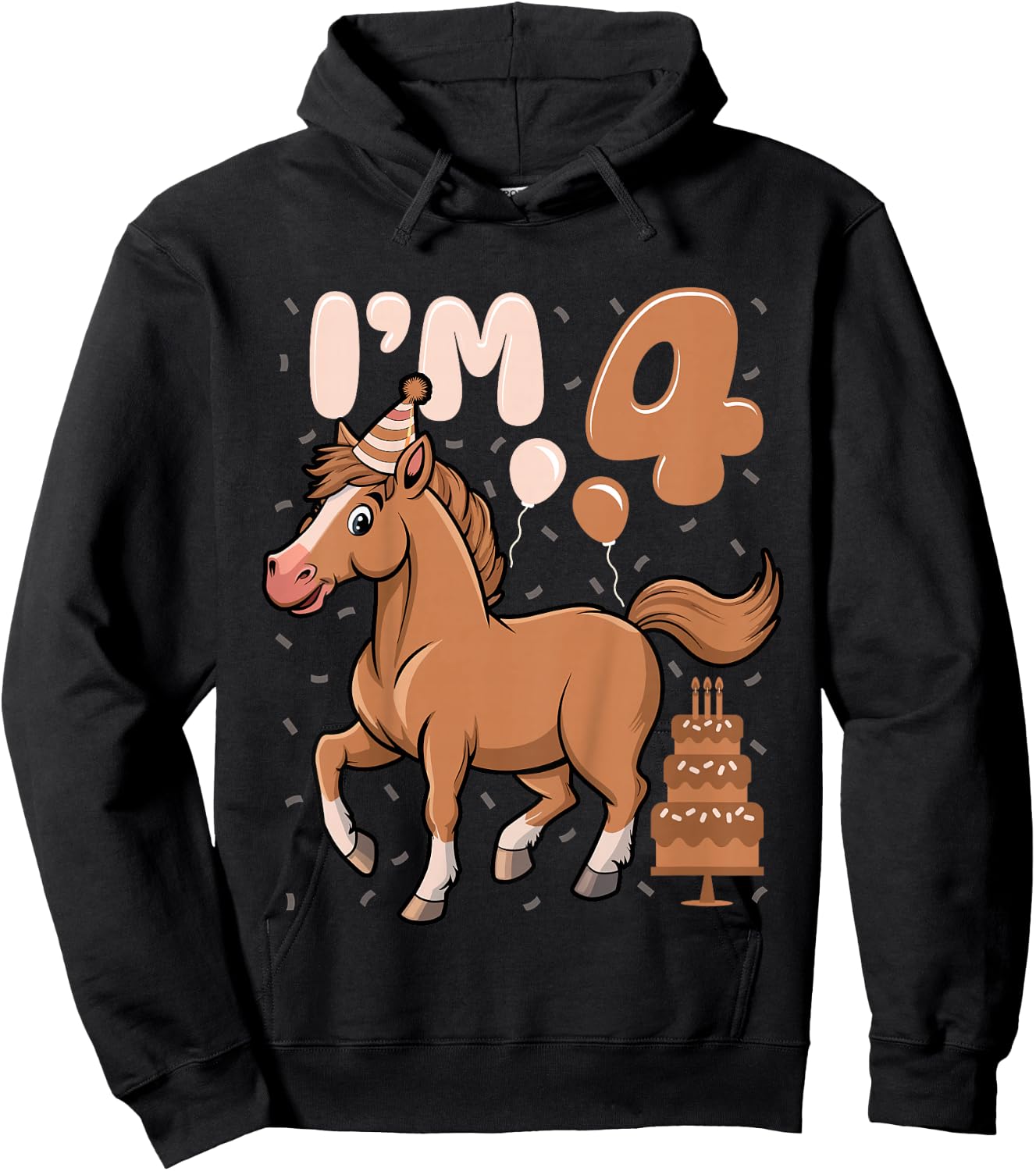 Kids I'm 4 Cute Horse Kids Four Years Old 4th Birthday Party Hoodie - Hoodie | Black