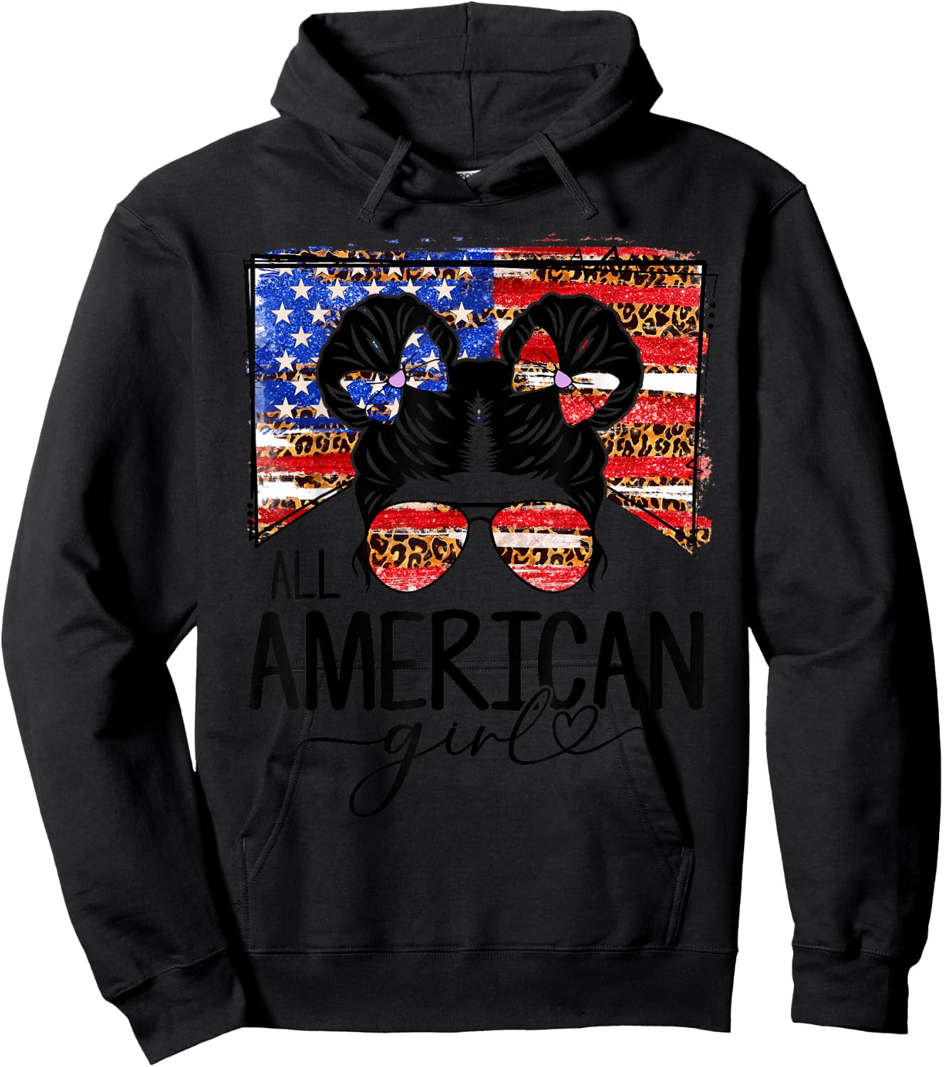 All American Girls 4th of July Messy Bun Leopard Patriotic Hoodie - Hoodie | Black