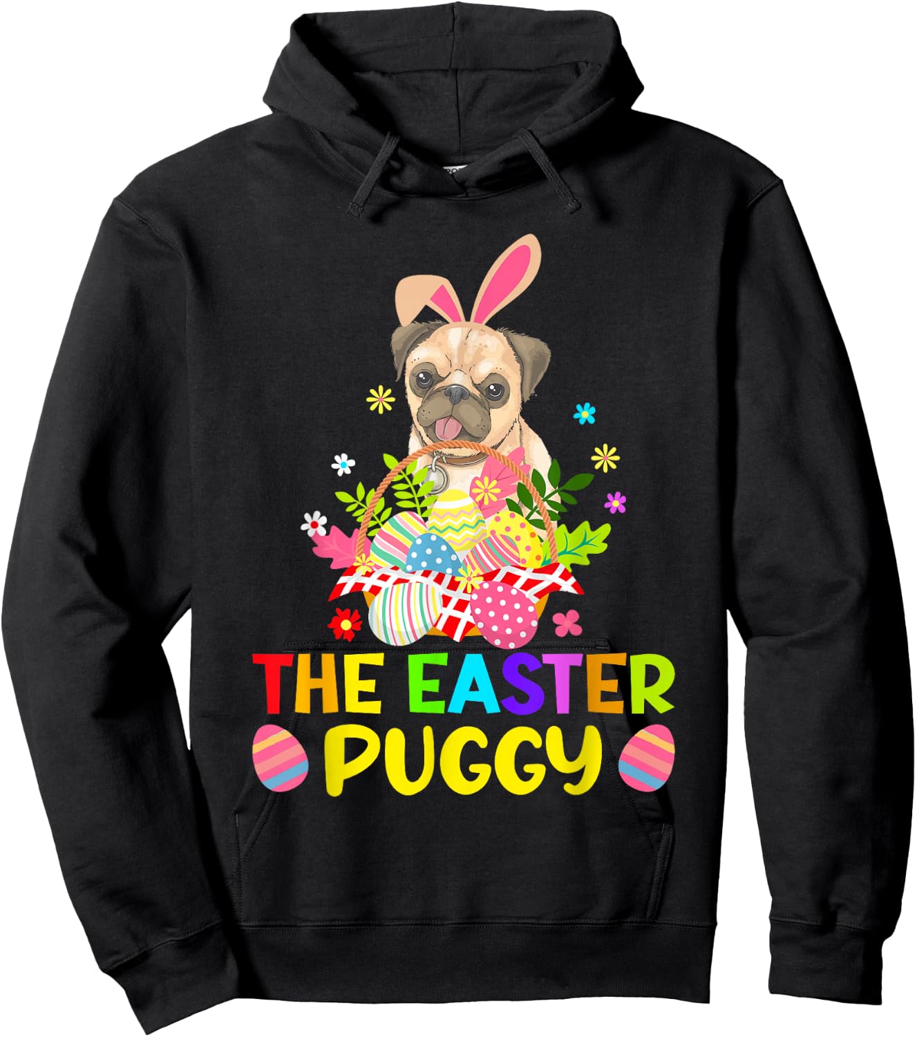 Funny Easter Pug Bunny Ear Eggs Basket Dogs Kids Hoodie - Hoodie | Black