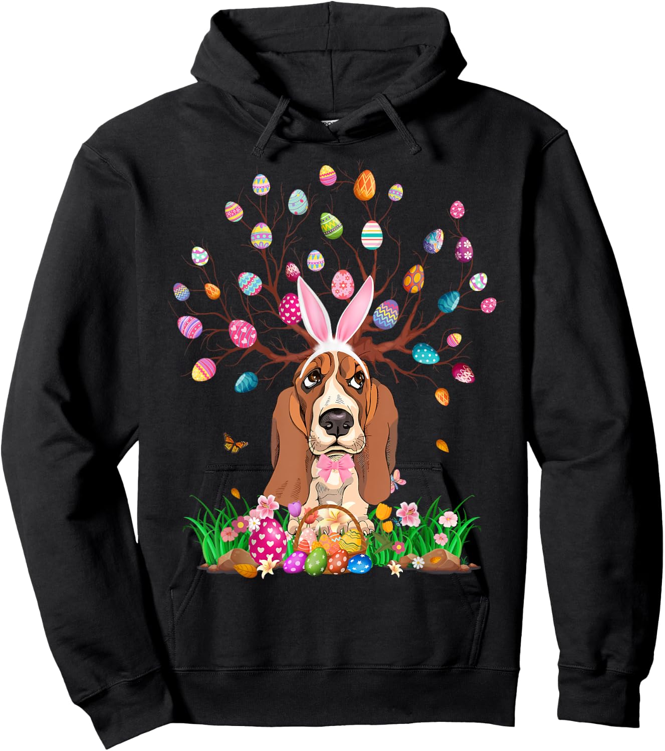 Basset Hound Dog With Bunny Ears Easter Egg Tree Easter Day Hoodie - Hoodie | Black
