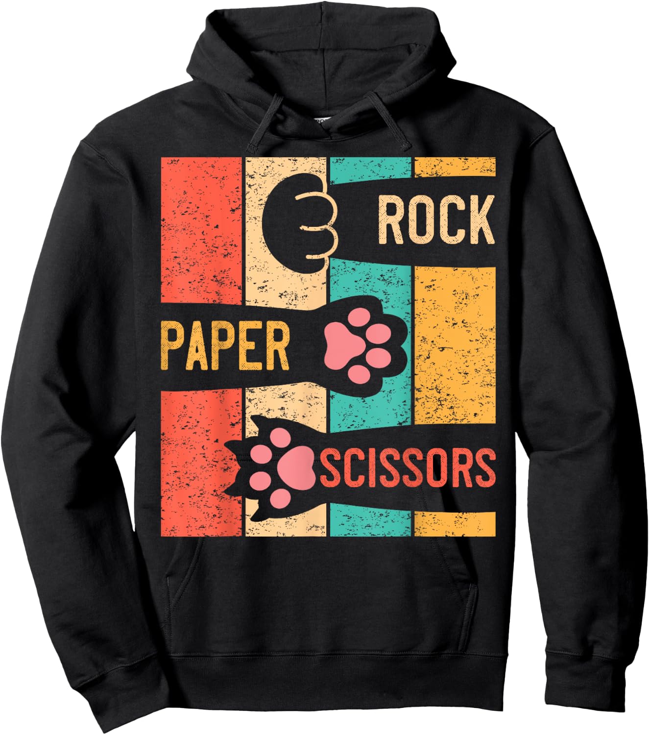 Cute Cat Paw Rock Paper Scissors Hand Game Vintage Men Women Girls Kids Hoodie - Hoodie | Black