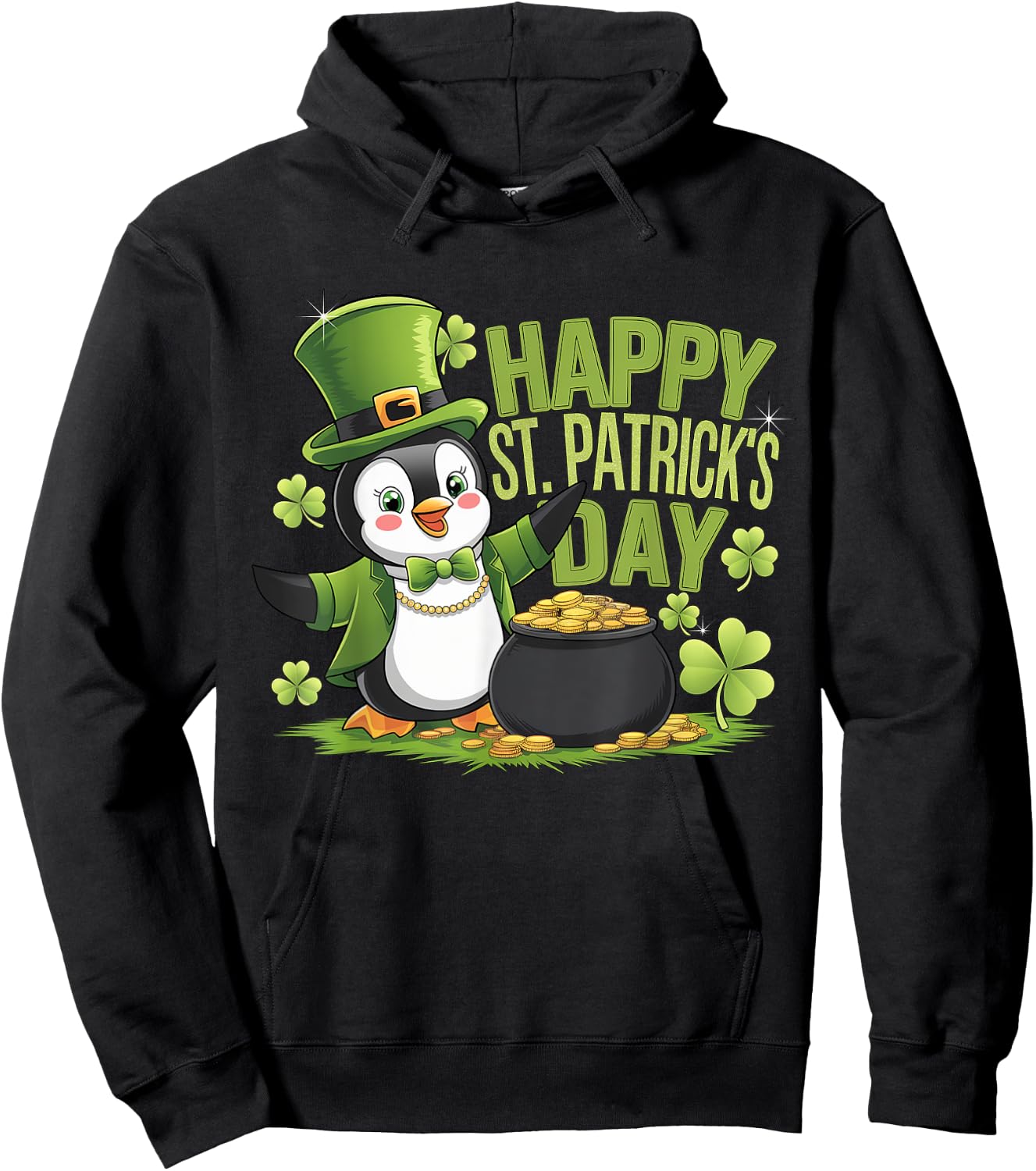 Happy St Patrick's Day Penguin with Pot of Gold Hoodie - Hoodie | Black