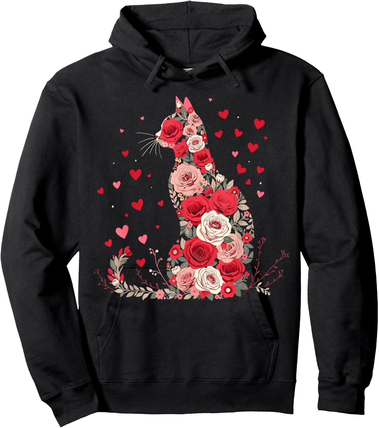 Cute Flower Cat Owners Artwork with Hearts and Roses Hoodie - Hoodie | Black