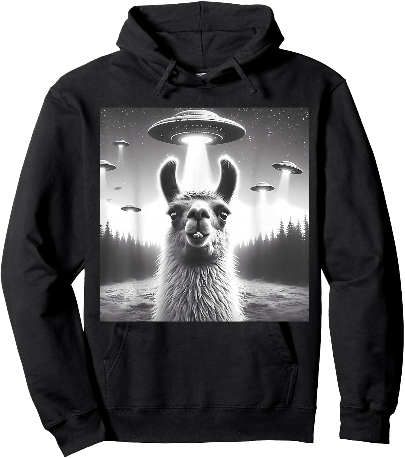 Funny Llama Selfie UFO Alien Alpaca Humor Vintage Print Art Hoodie - Hoodie | Black