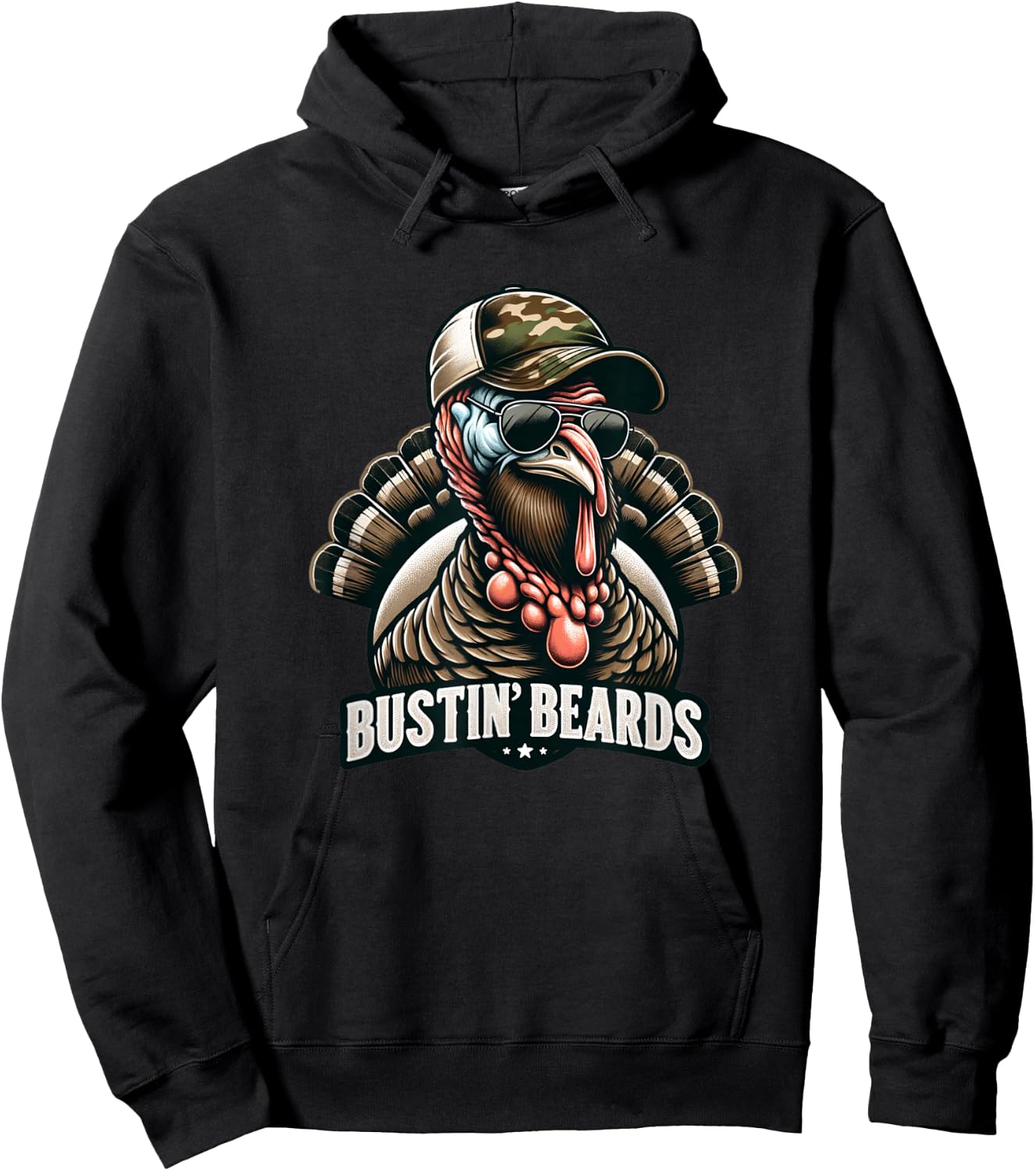 Bustin' Beards Turkey Hunting Tom With Camo Hat & Sunglasses Hoodie - Hoodie | Black