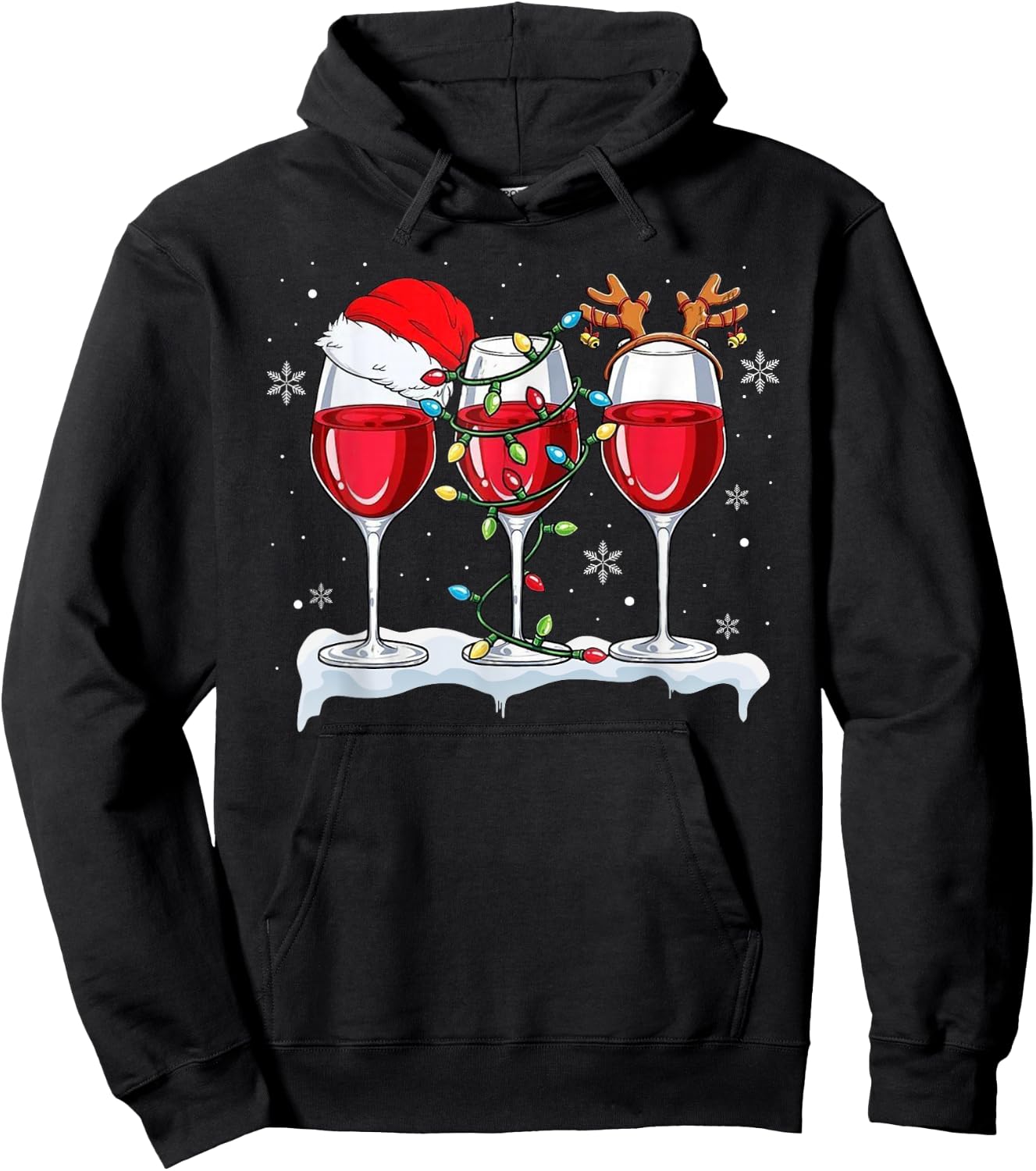 Three Wine Glasses Santa Hat Christmas Cute Wine Lover Xmas Hoodie - Hoodie | Black