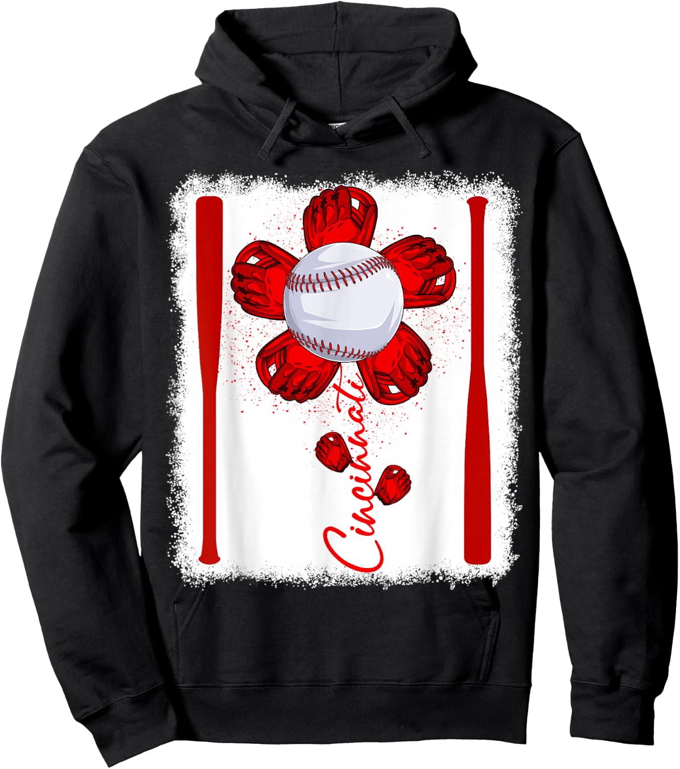 Cute Flower Cincinnati Retro Baseball Lover Game Day Hoodie - Hoodie | Black