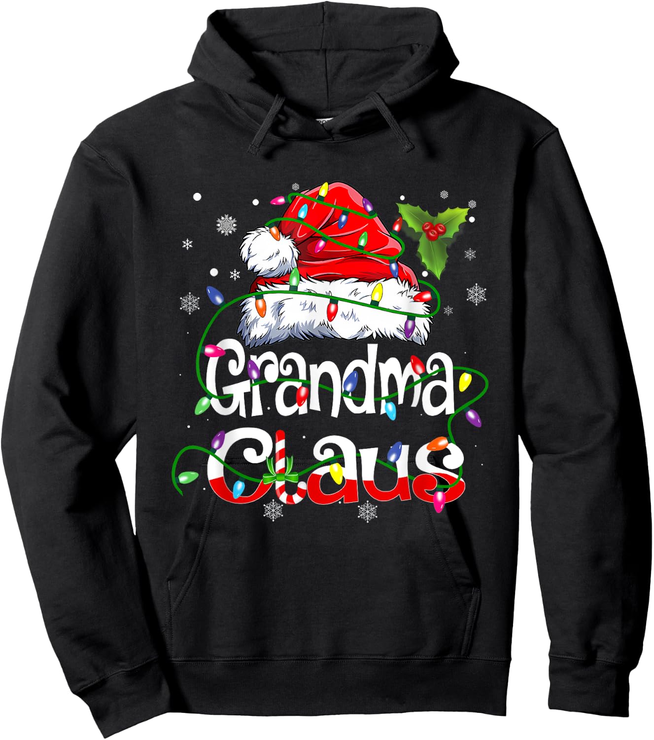 Grandma Claus Shirt Christmas Lights Pajama Family Matching Hoodie - Hoodie | Black