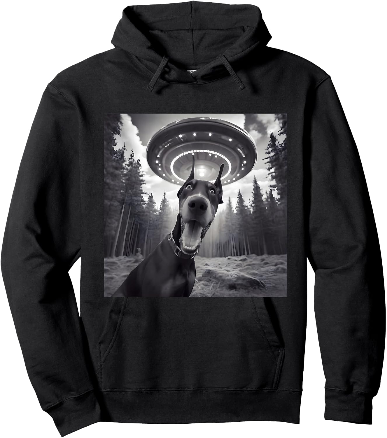 Doberman Dog Selfie With UFO - Funny Graphic Alien Lover Hoodie - Hoodie | Black