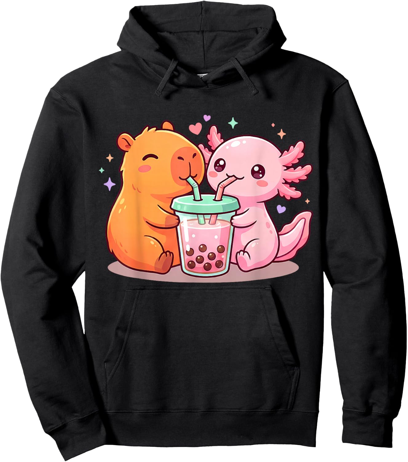 Cute Capybara and Axolotl Bubble Tea Boba Girls Kawaii Anime Hoodie - Hoodie | Black