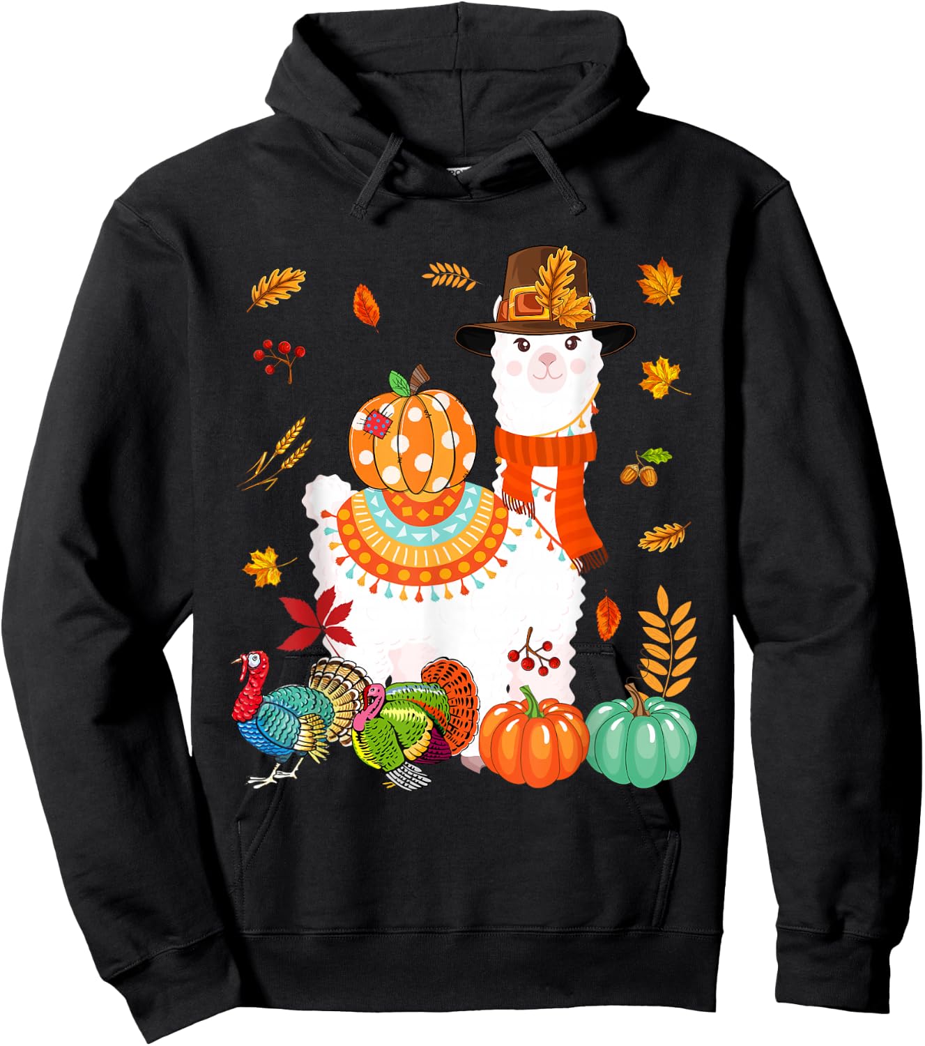 Thanksgiving Llama With Turkey Fall Pumpkins Lover Farmer Hoodie - Hoodie | Black