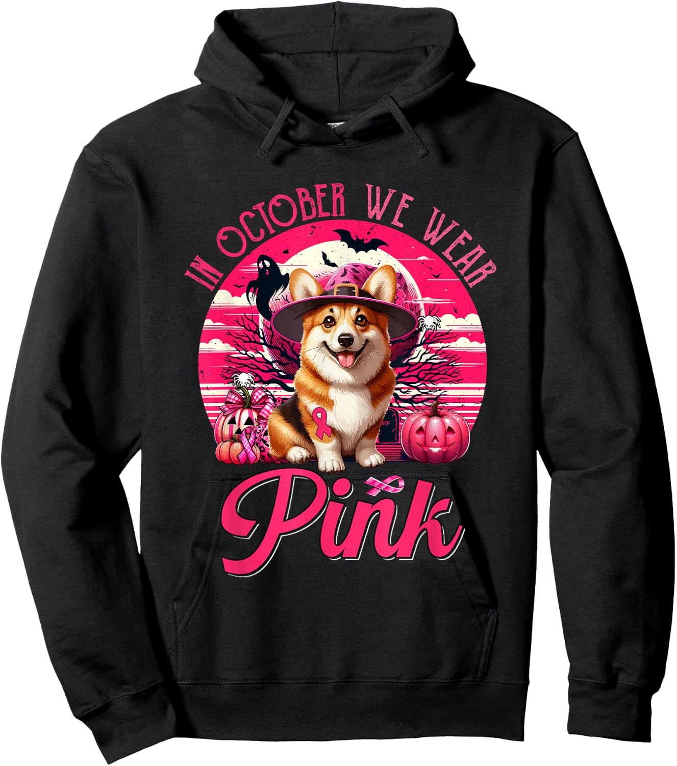 In October We Wear Pink Breast Cancer Awareness Corgi Hoodie - Hoodie | Black