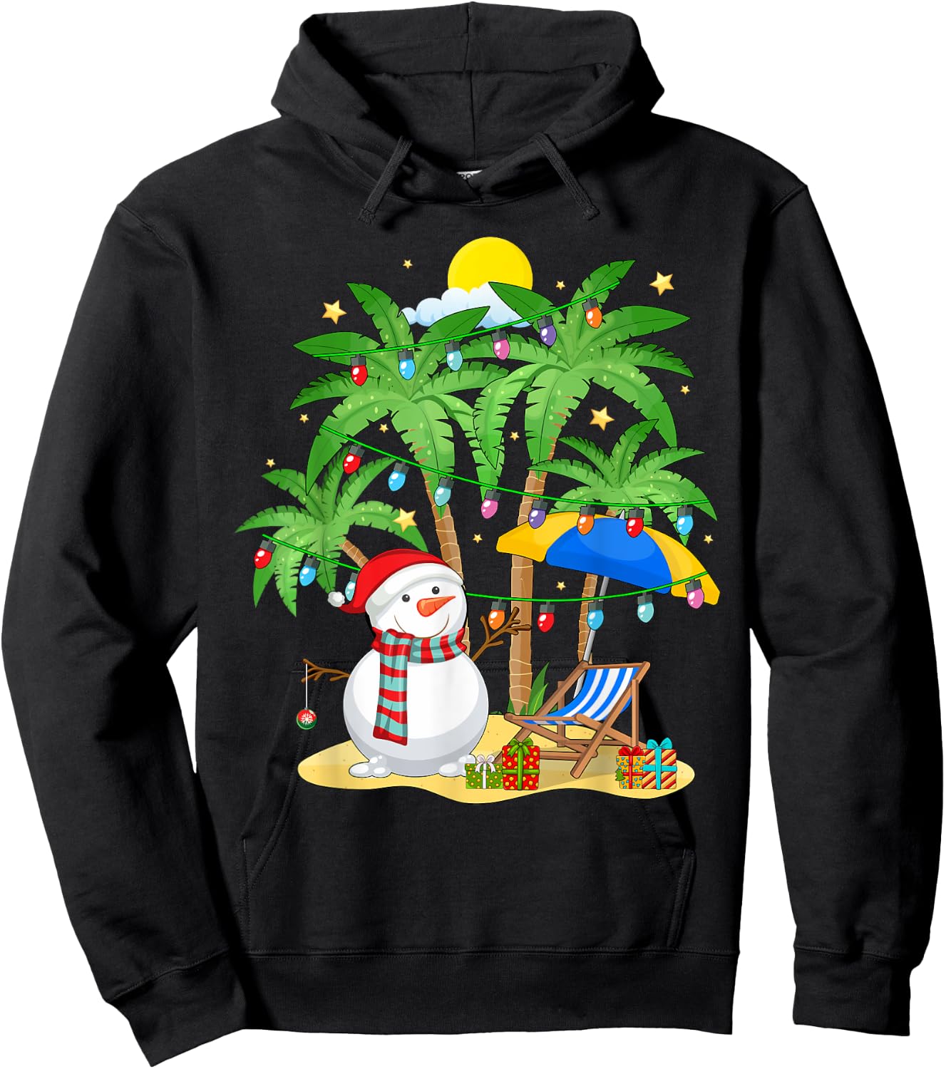 Christmas in July Snowman on Palm Tree Tropical Beach Hoodie - Hoodie | Black