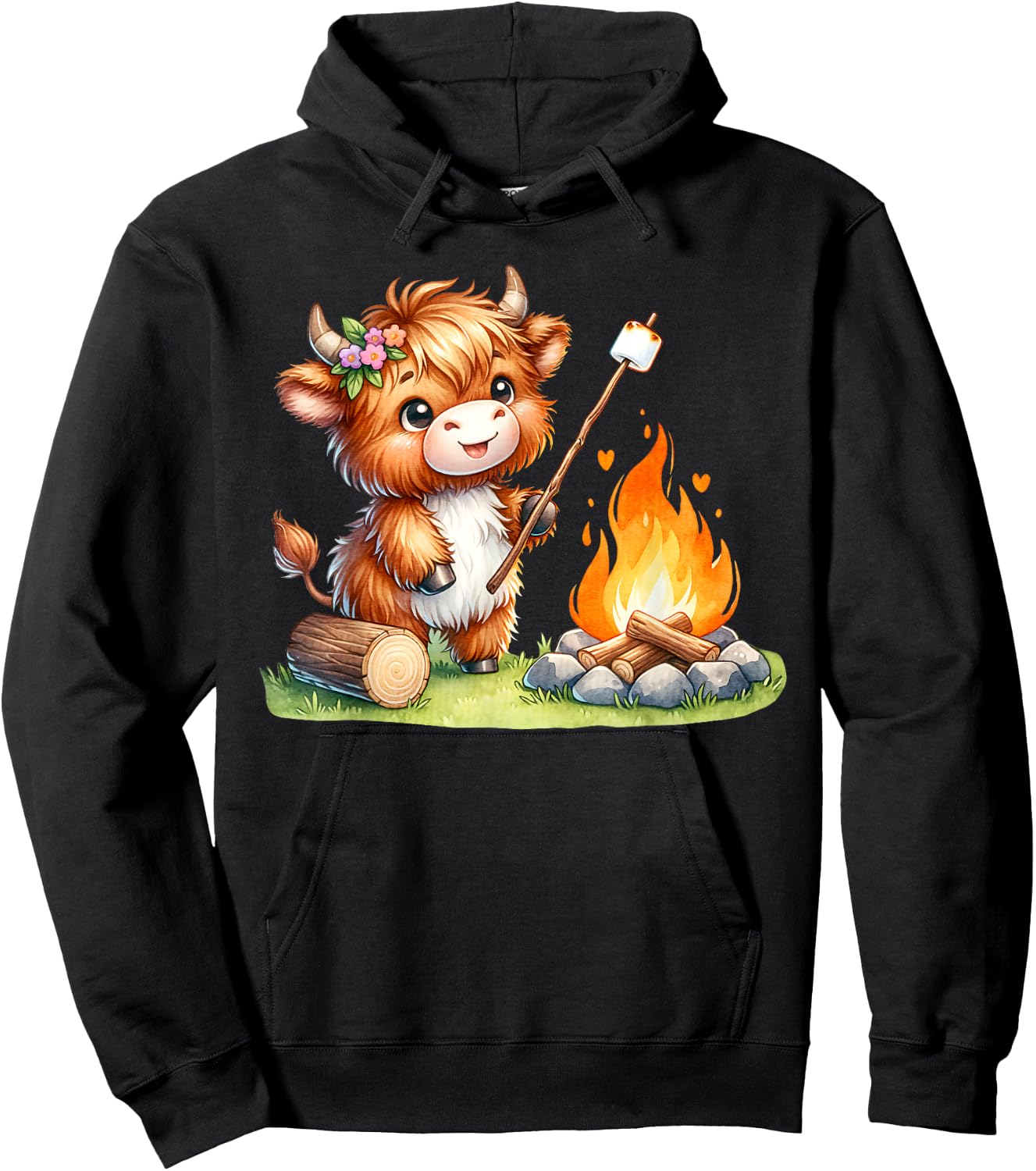 Cute Highland Cow Camping Roasting Marshmallows Hoodie - Hoodie | Black
