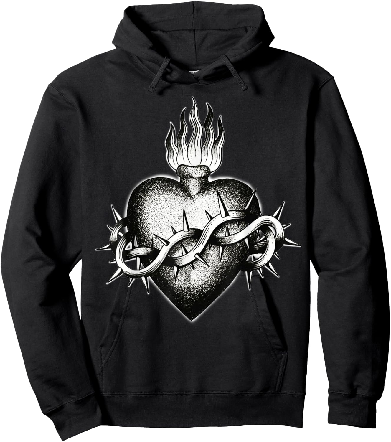 Sacred Flaming Heart Blackwork Tattoo Flash , Black, S Hoodie - Hoodie | Black