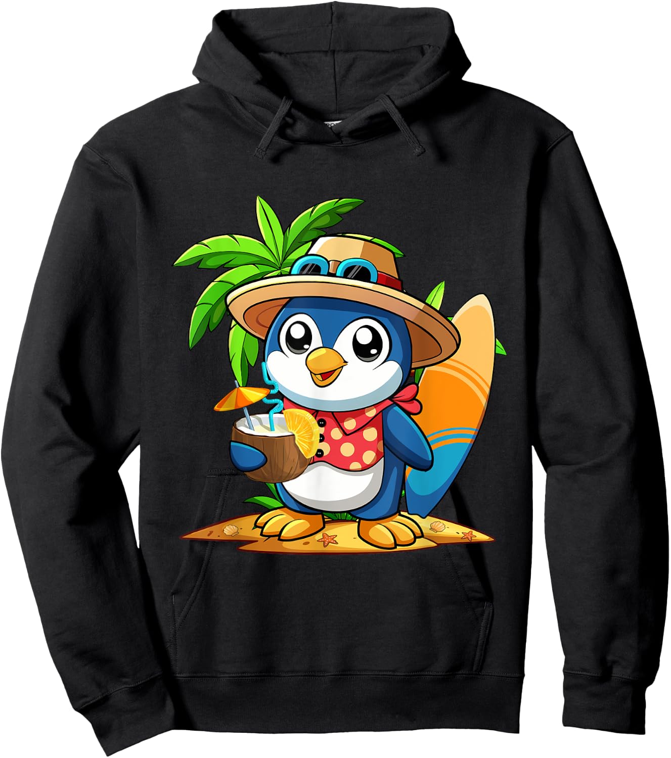 Cute Penguin Drinking Coconut Hawaiian Summer Vacation Men Women Kids Hoodie - Hoodie | Black
