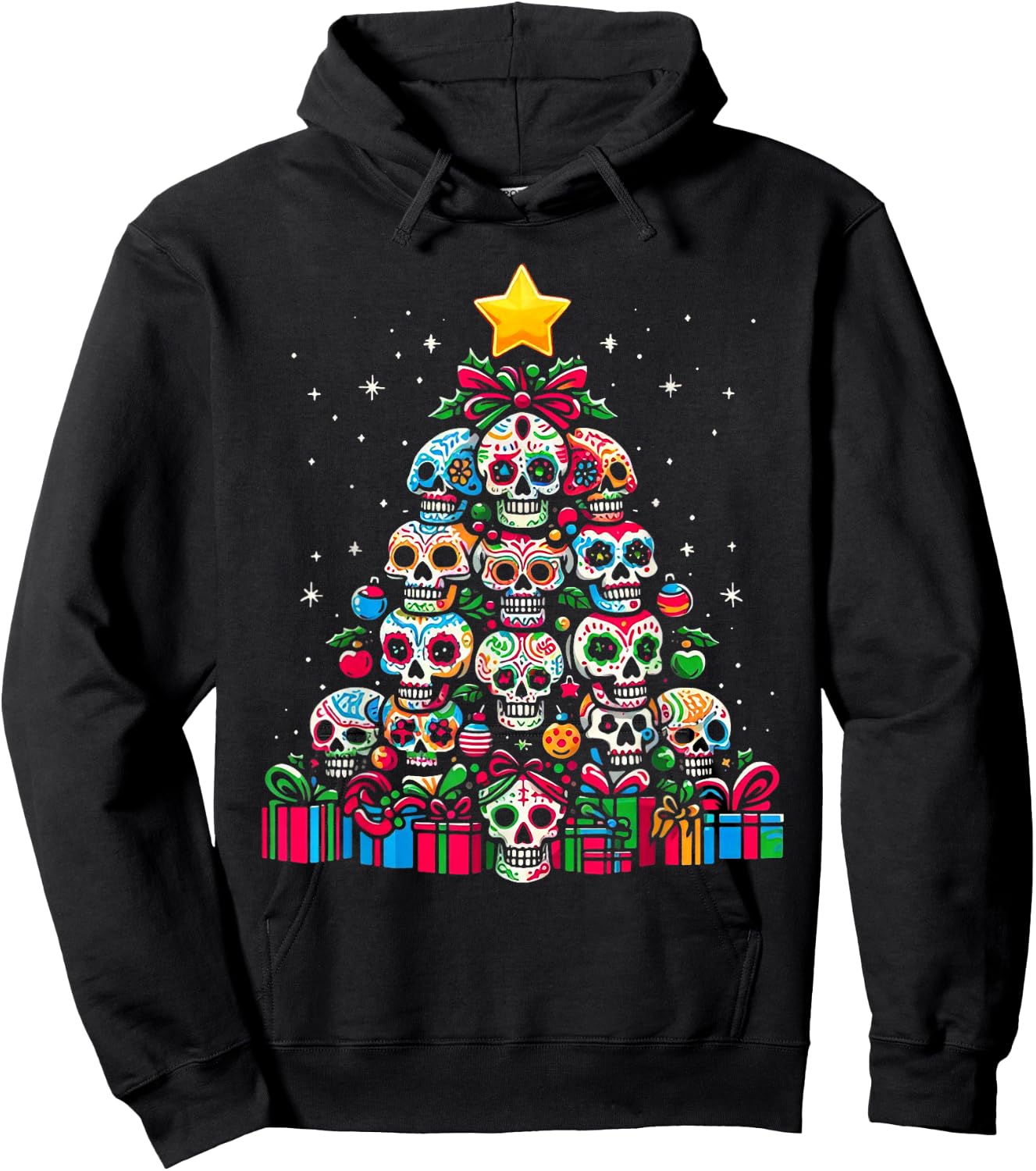 Skull Christmas Tree Funny Mexican Flower Sugar Skull Xmas Hoodie - Hoodie | Black