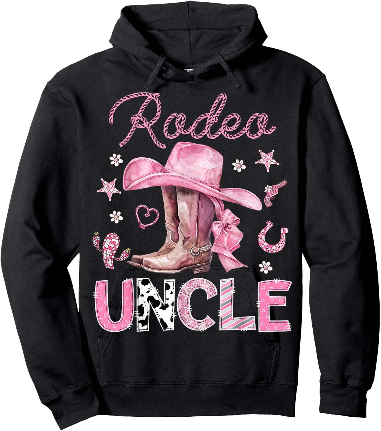 Rodeo Uncle Pink Boots Coquette CowGirl 1St Birthday Hoodie - Hoodie | Black