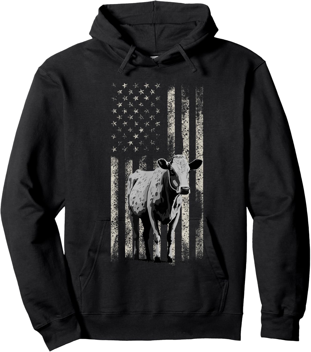 Distressed American-Flag Cow Vintage Patriotic Farmer Hoodie - Hoodie | Black