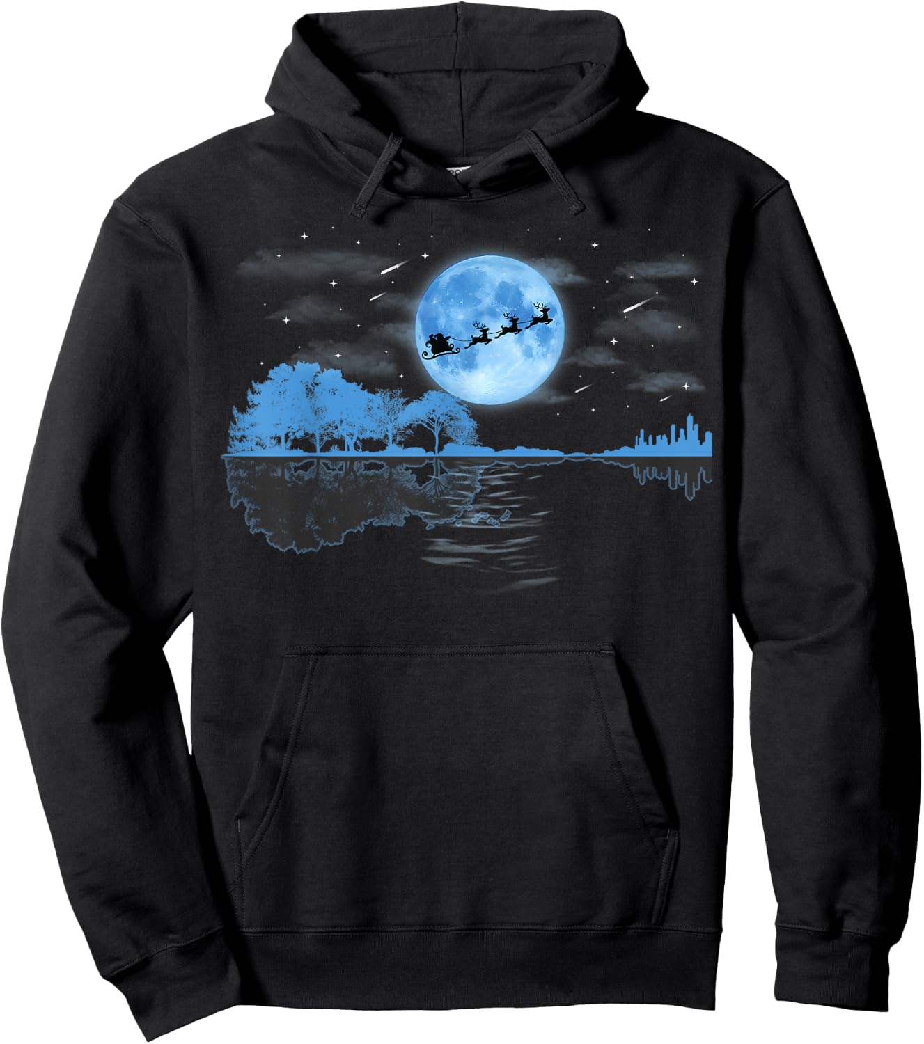 Christmas Guitar Lake Reflection Santa Claus Musician Guitar Hoodie - Hoodie | Black