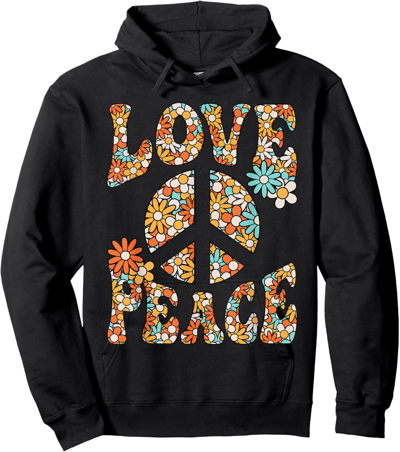 Love Peace Sign Hippie Flower Groovy 60s 70s Party Outfit Hoodie - Hoodie | Black