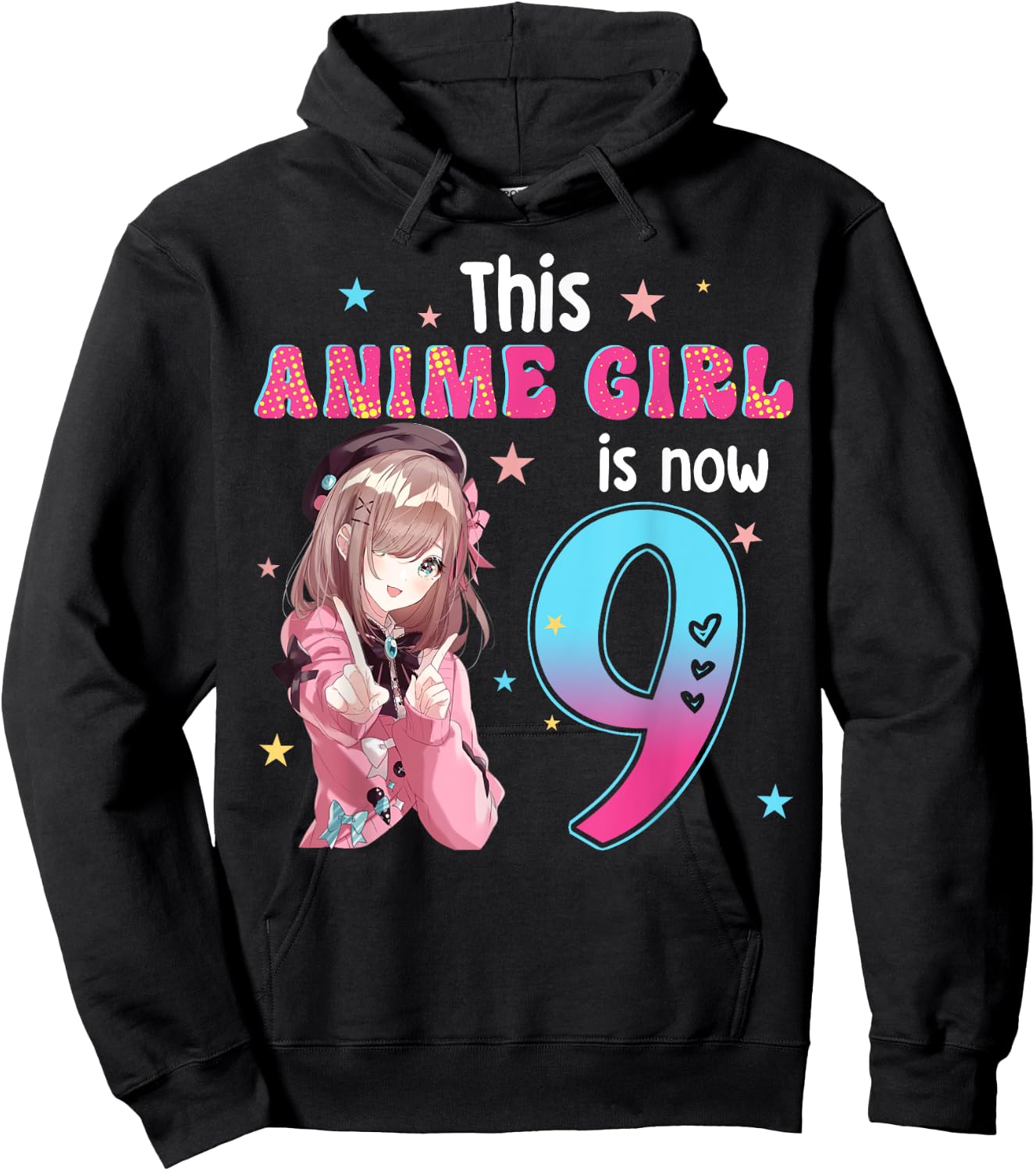 9 Years Old Girl Kawaii Gifts Anime Girl 9th Birthday Kids , black, s Hoodie - Hoodie | Black
