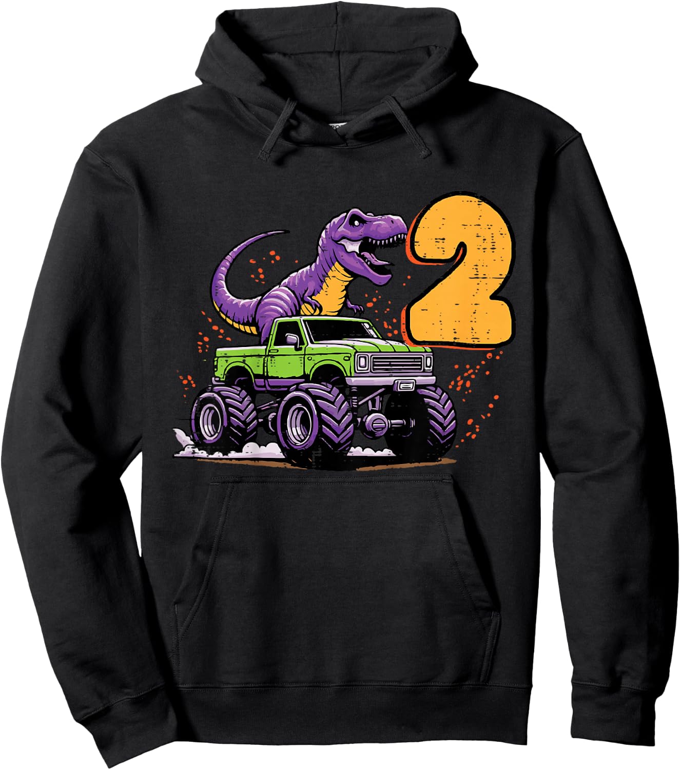 Kids 2nd Birthday Dino On Monster Truck 2 Year Old Trex Boys Kids Hoodie - Hoodie | Black