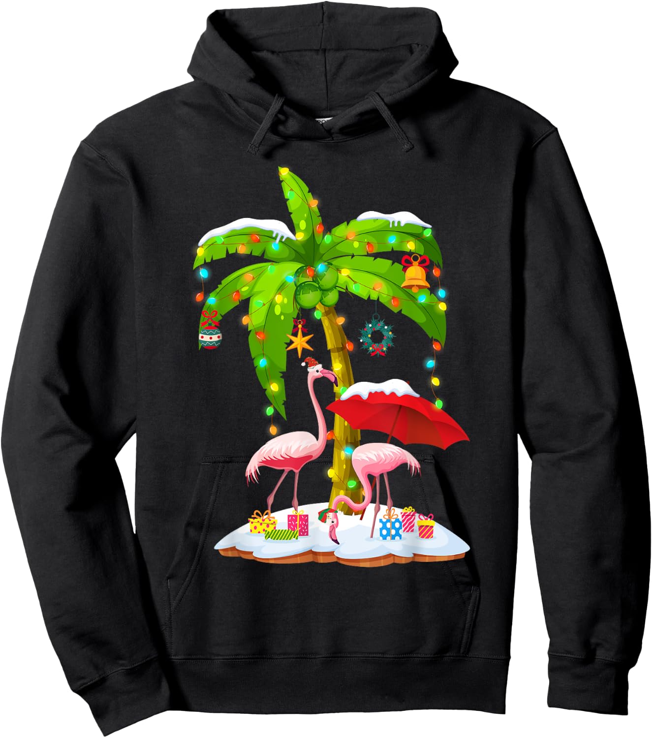 Flamingo Santa hat Palm tree Merry Christmas lights Hoodie - Hoodie | Black