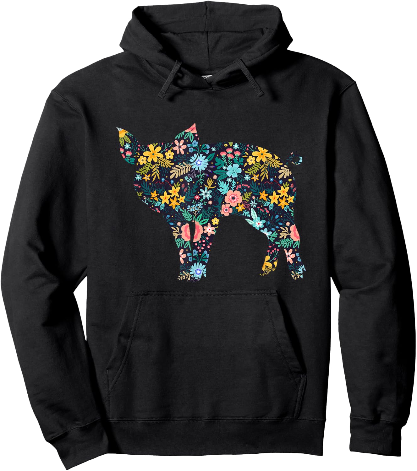 Floral Piglet Silhouette Girls Graphic Pig Hoodie - Hoodie | Black